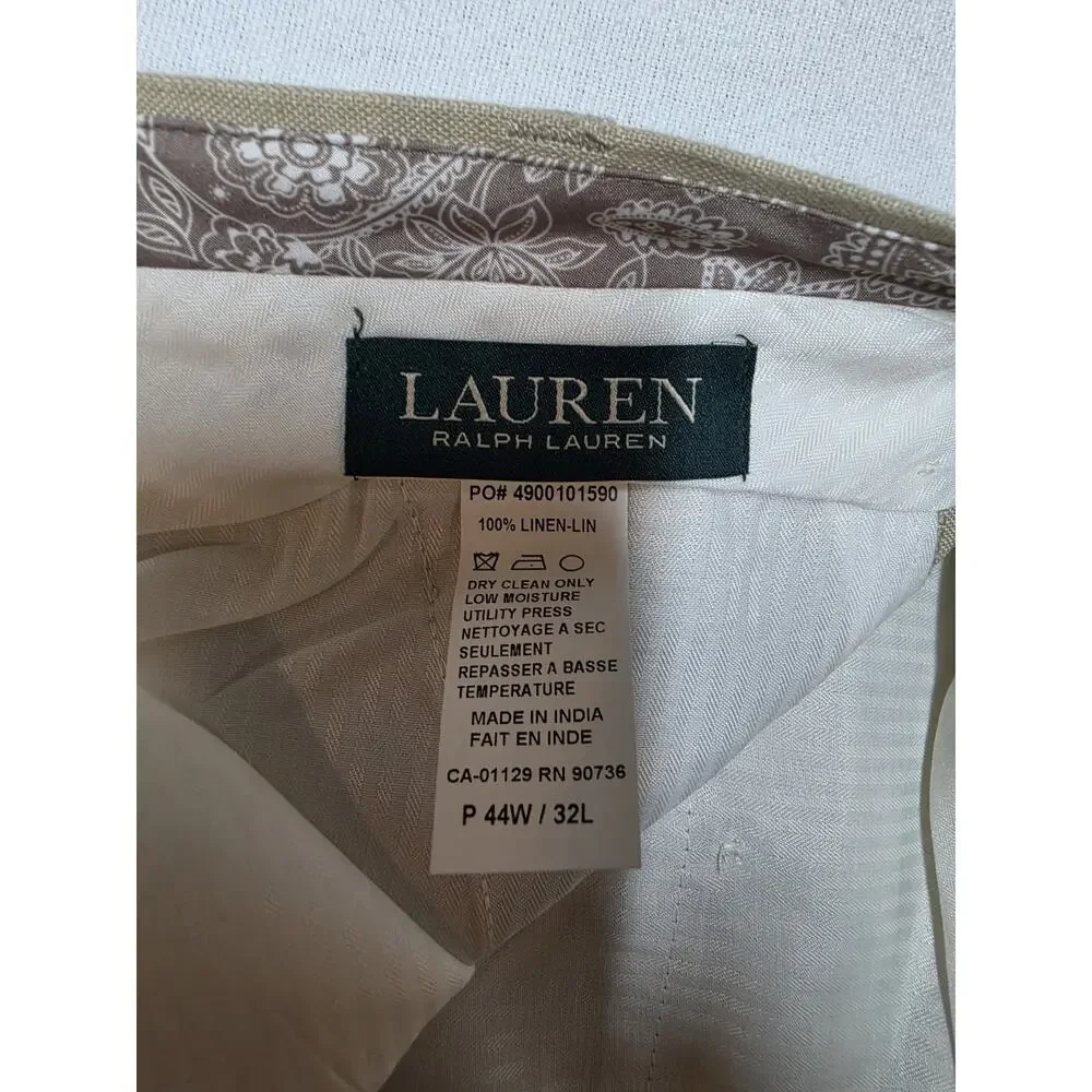 Lauren Ralph Lauren Men’s 44W 32L Beige 100% Linen Dress Pants Flat Front